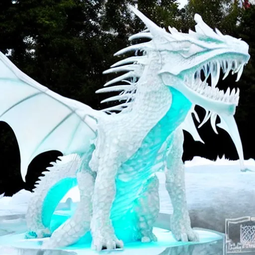 Prompt: a majestic dragon made of ice, ice sculpture, detailed fantasy photography