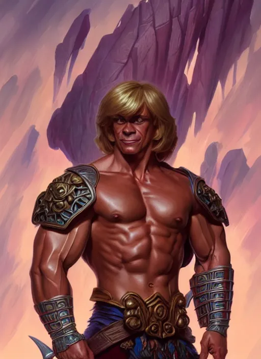 Image similar to portrait of he - man, d & d, muscular! fantasy, intricate, elegant, highly detailed, digital painting, artstation, concept art, smooth, sharp focus, illustration, art by artgerm and greg rutkowski and alphonse mucha