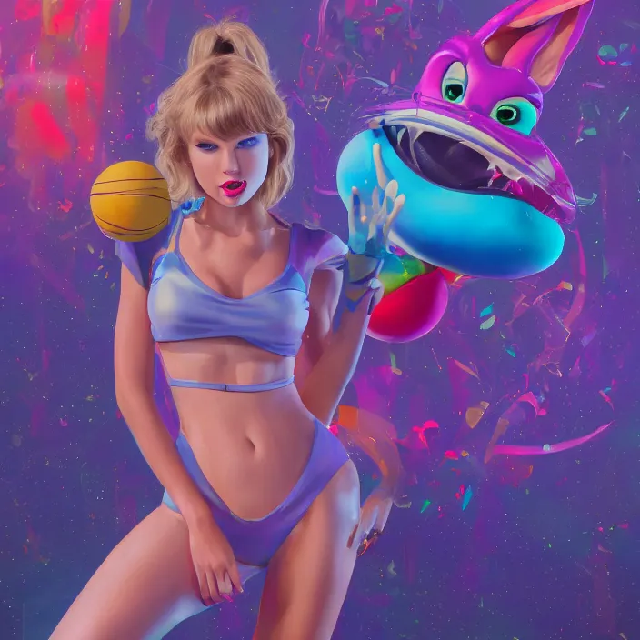 Image similar to portrait of Taylor Swift as Lola Bunny in Space Jam 1996. intricate abstract. intricate artwork. by Tooth Wu, wlop, beeple, dan mumford. octane render, trending on artstation, greg rutkowski very coherent symmetrical artwork. cinematic, hyper realism, high detail, octane render, 8k, iridescent accents