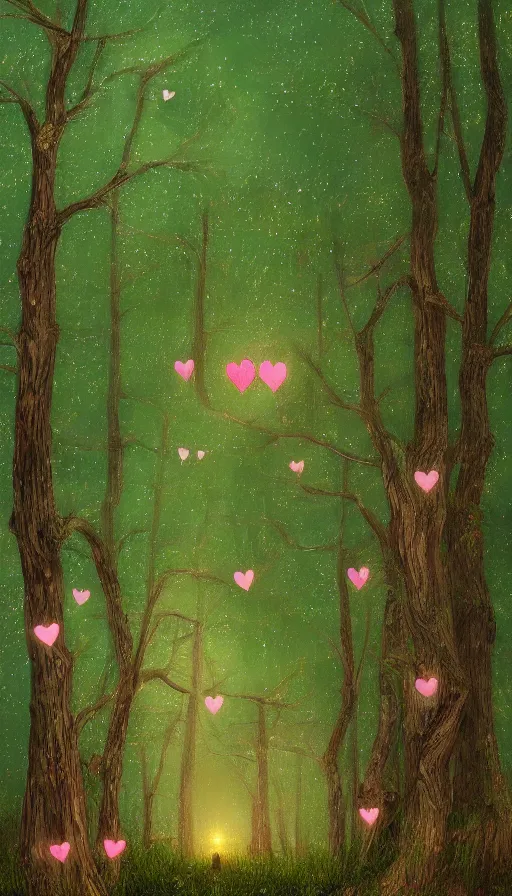 Prompt: pink hearts flooding the starry night sky, green forest, trending on artstation, beautiful, detailed, realistic, 4 k