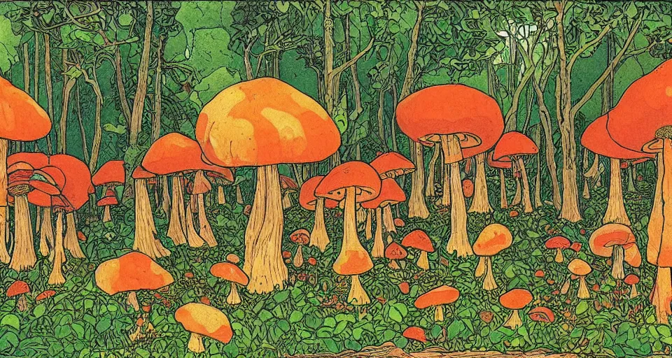 Image similar to A tribal village in a forest of giant mushrooms, by Ivan Bilibin,