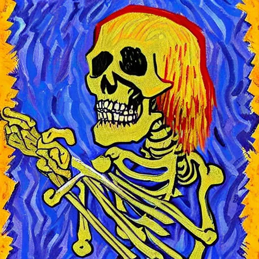 Prompt: a bloody skeleton holding a knife in the style of vincent van gogh