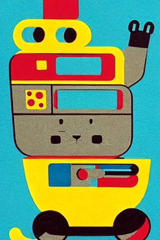 Image similar to ( ( ( ( ( ( ( a robot cat riding a cyber wagon ) ) ) ) ) ) ) by richard scarry!!!!!!!!!!!!!! muted colors, detailed