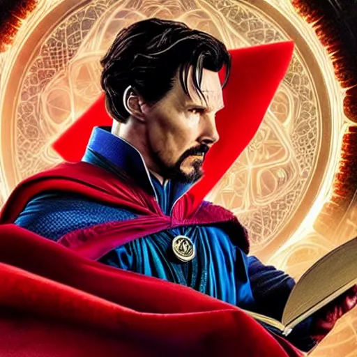 Prompt: a hyper realistic screenshot film still of doctor strange reading a book in a quiet library, eating an apple. 4 k, extremely detailed, detailed drawing, cinematography, hd, fantasy, realistic lighting, realistic lighting, anamorphic lens, sharp focus, backlit, elegant.