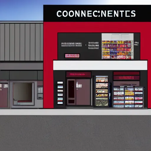 Image similar to Shopfront of a convenience store in anthracite with red burgundy details, award winning architectural design, best of retail