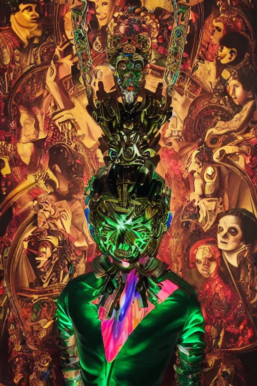Image similar to full-body sculpture of a young handsome Spanish prince as a half cibernetic android with a glowing green diamong in his chest, pink laser beams coming out of his eyes, crown of giant jewels, flowing neon-colored silk, human skull mask, geometric shapes in a cyperbunk and baroque style. intricate artwork by caravaggio. Trending on artstation, octane render, cinematic lighting from the right, hyper realism, octane render, 8k, depth of field, 3D