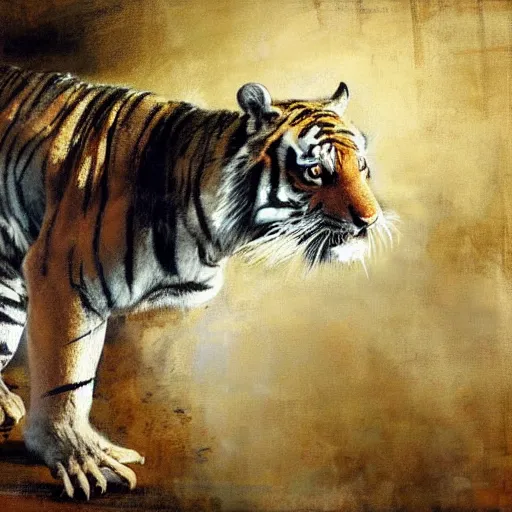 Prompt: tiger and crocodile hybrid animal, painting by jeremy mann