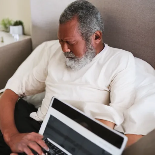 Prompt: casket with elderly man who is browsing internet on laptop from a casket