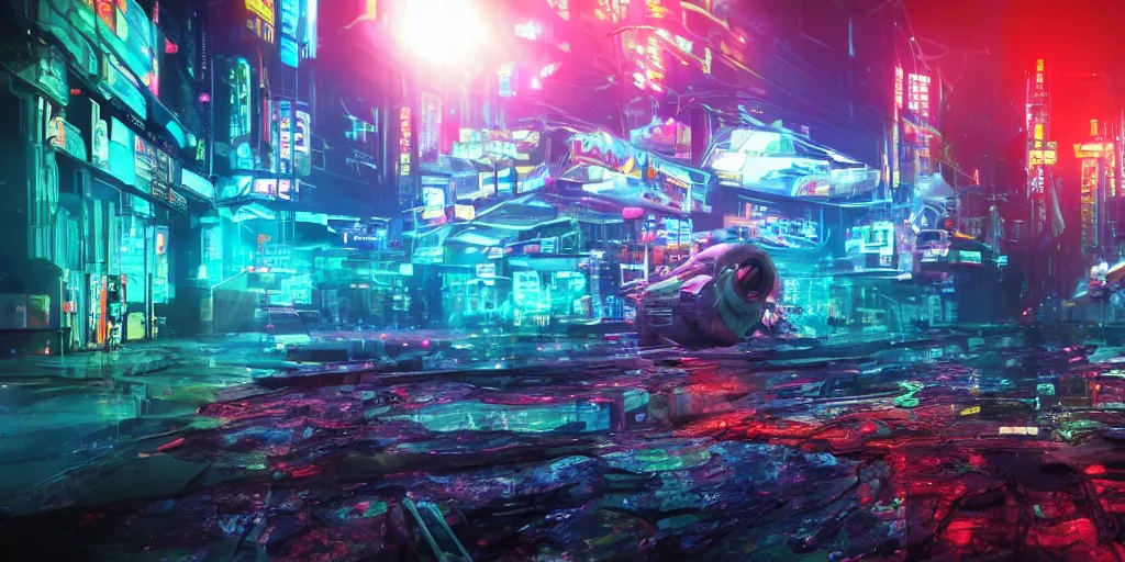 Prompt: Cybernetic fish jumping out of a river of fluorescent blue battery acid in a cyberpunk city, ultra-realistic, dramatic lighting, HDR, 8K resolution