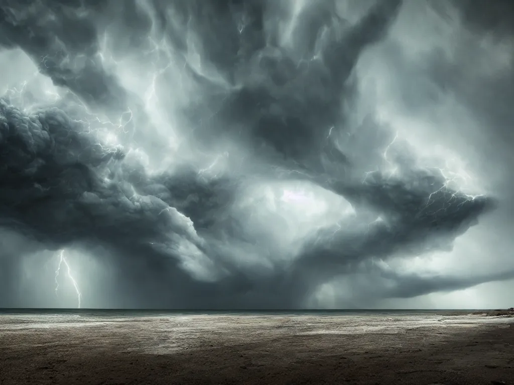 Image similar to detailed supercells, landscapes, unusual super storm, beach, scifi, moody, atmospheric, cinematic, very high complexity, stunning, masterpiece, very detailed. 4 k