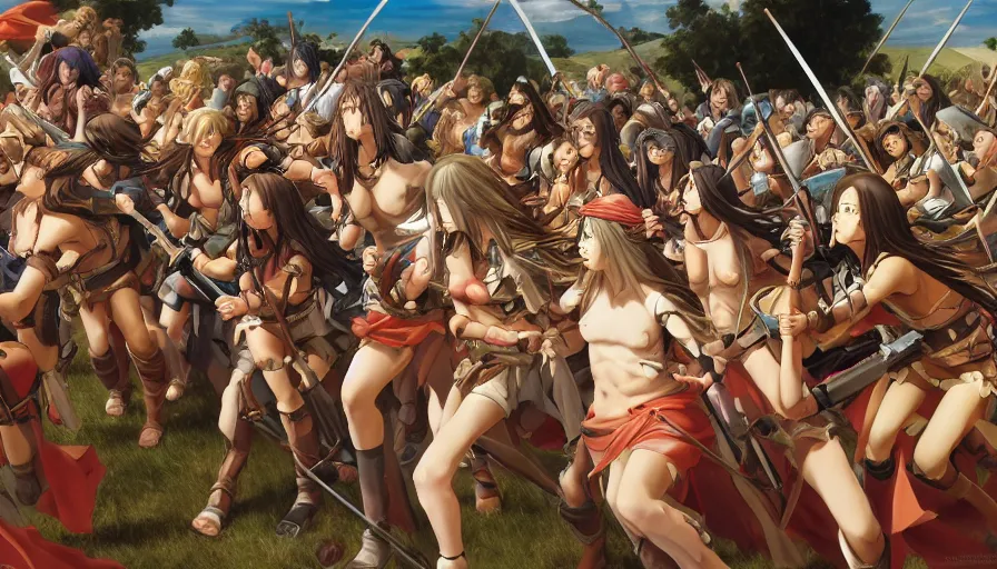 Image similar to jesus christ our lord leading an army of anime girls into battle, photorealistic, anime, mini skirt, long hair, renaissance painting, hyper real, detailed, closeup shot, ultra detailed