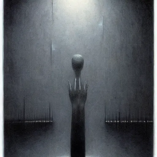 Image similar to “ alien with long fingers in a dark room full of smart devices floating, beksinski ”