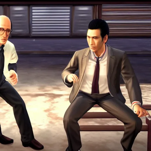 Prompt: A Yakuza 0 substory involving Larry David and Kiryu Kazuma, gameplay screenshot, 3rd person