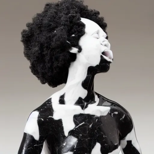 Image similar to a photorealistic all white marble sculpture of a black girl with an afro crying