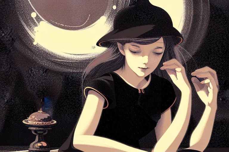 Image similar to high angle picture of a black dress witch sitting on the floor and researching about the azathoth, extremely beautiful and aesthetic and detailed cute face, very huge magic circles on the hand, cute devil besides, in the magic maximalist room, chiaroscuro, intricate, masterpiece, fantasy illustrations by ilya kuvshinov and jeremy lipking and quentin mabille