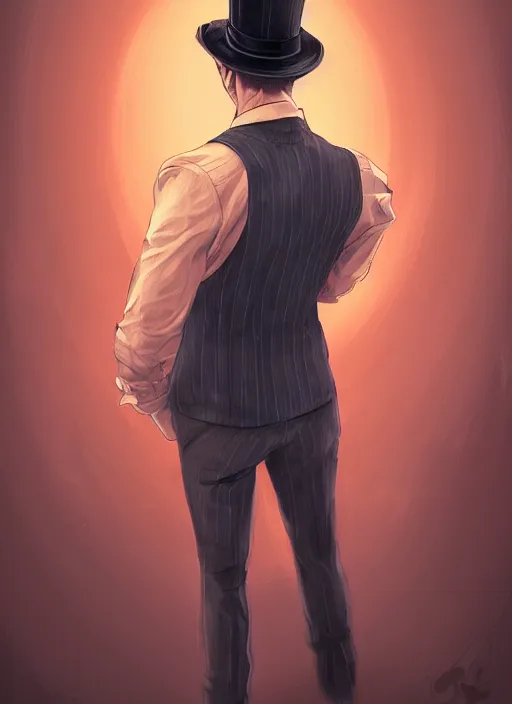 Prompt: a highly detailed illustration of stylish top hat wearing red haired attractive man, wearing suit vest, leaning back pose, intricate, elegant, highly detailed, centered, digital painting, artstation, concept art, smooth, sharp focus, league of legends concept art, WLOP