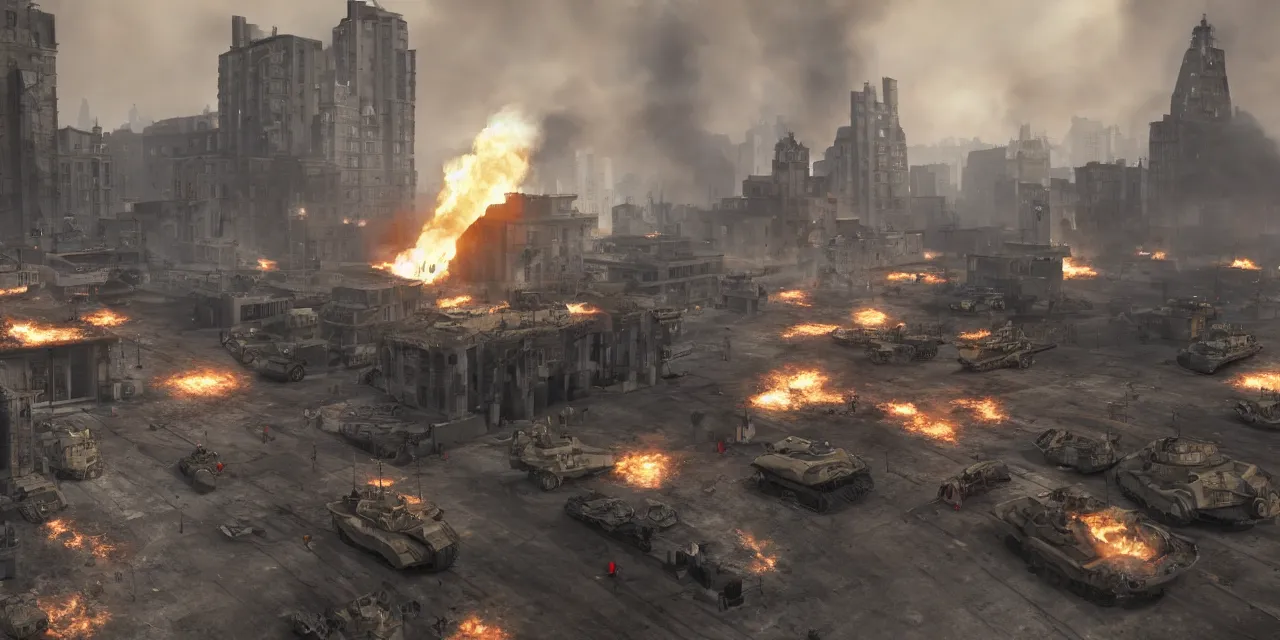 Image similar to tanks burning city, army, crowds of people, banners, volumetric lighting, unreal engine, realistic