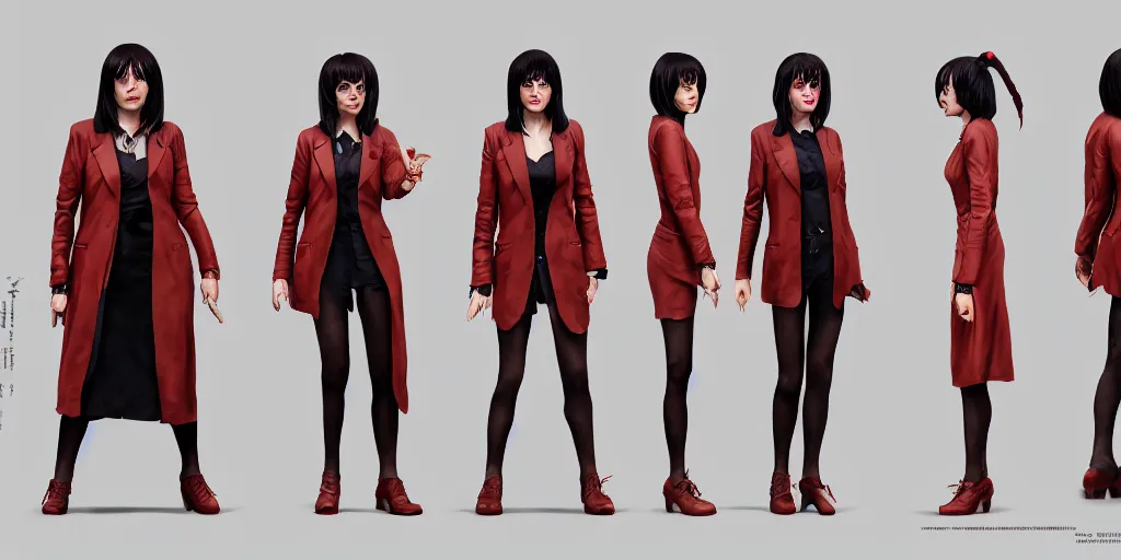 Image similar to mia wallace, character sheet, concept design, contrast, hot toys, kim jung gi, greg rutkowski, zabrocki, karlkka, jayison devadas, trending on artstation, 8 k, ultra wide angle, pincushion lens effect