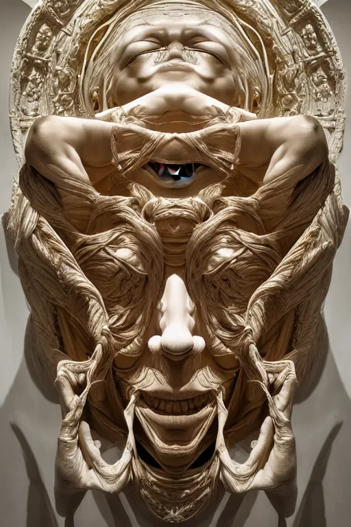 Image similar to Epic view of intricate stained Clown multiple faces looking backwards using a golden veil statue sculpted on white marble by Antonio Corradini, Wayne Barlowe and Artem Demura