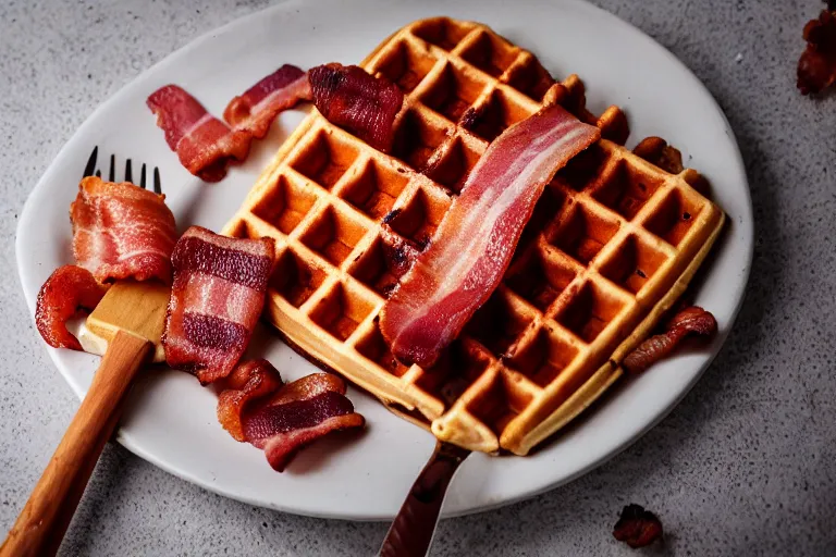 Image similar to product photography of a waffle, bacon, and knife