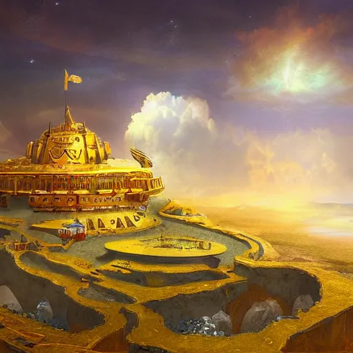 Image similar to a big fort made of glowing golden material, cosmic, surreal, photorealistic, clouds, oil painting, matte painting, 8 k,