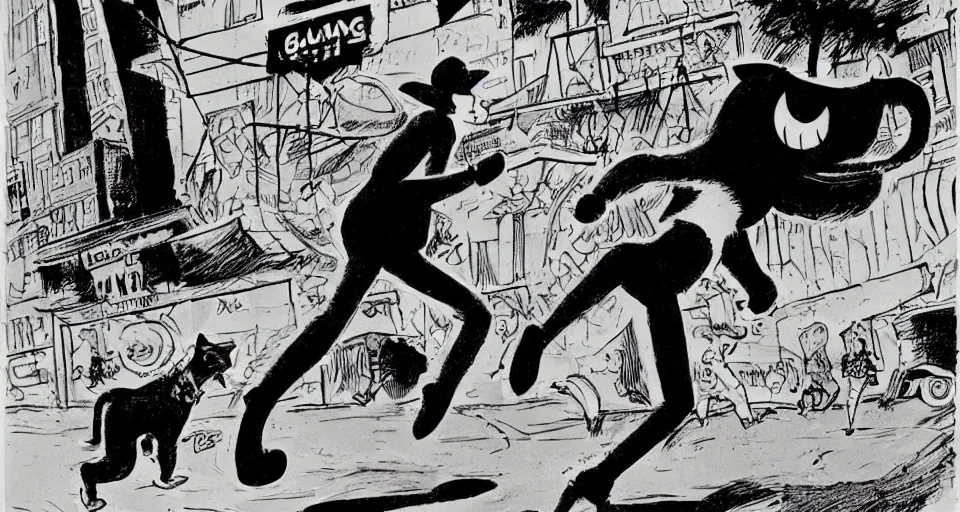 Image similar to man running away from a giant cat, will eisner