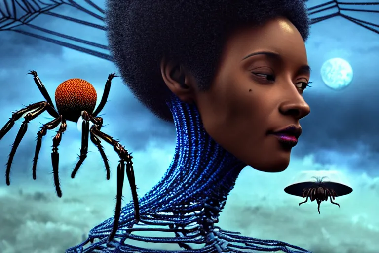 Image similar to realistic detailed photorealistic film portrait shot of a beautiful black woman with a giant spider, sci - fi city landscape background by denis villeneuve, amano, yves tanguy, alphonse mucha, ernst haeckel, max ernst, andrei tarkovsky, edward robert hughes, roger dean, necklace, dynamic pose, rich moody colours, wide angle, blue eyes