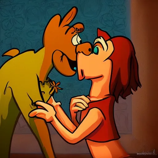 Prompt: “scooby and shaggy kissing, trending on artstation, intricate, highly detailed, masterpiece, dynamic lighting, realistic,”