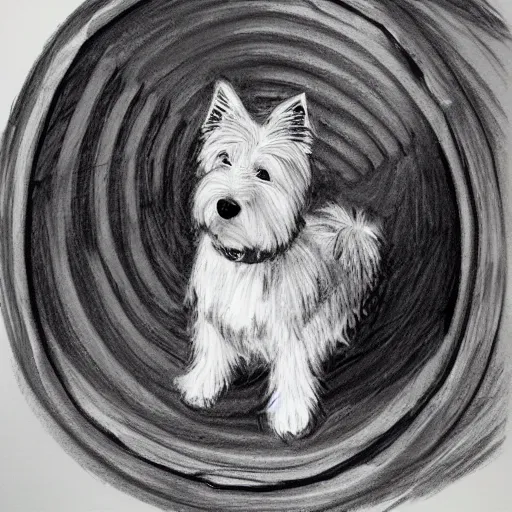 Image similar to charcoal sketch of a westie sitting next to a wine barrel
