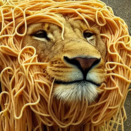 Image similar to a lion made of spaghetti, spaghetti, constructed of spaghetti noodles, realistic photograph