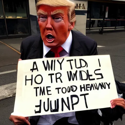 Image similar to donald trump dressed as a homeless man asking for money on the streets