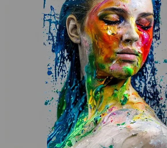 Prompt: still shot footage of a female greek god statue's head morphing into paint frottage, and decalcomania, acrylic pour and coloured powder explosion and splashing paint and dripping paint and flying paint chunks, embossed paint, closing eyes, motion blur, hyperrealistic, intricate art photography, hyperrealistic, anatomically correct, realistic crisp textures, 1 6 k