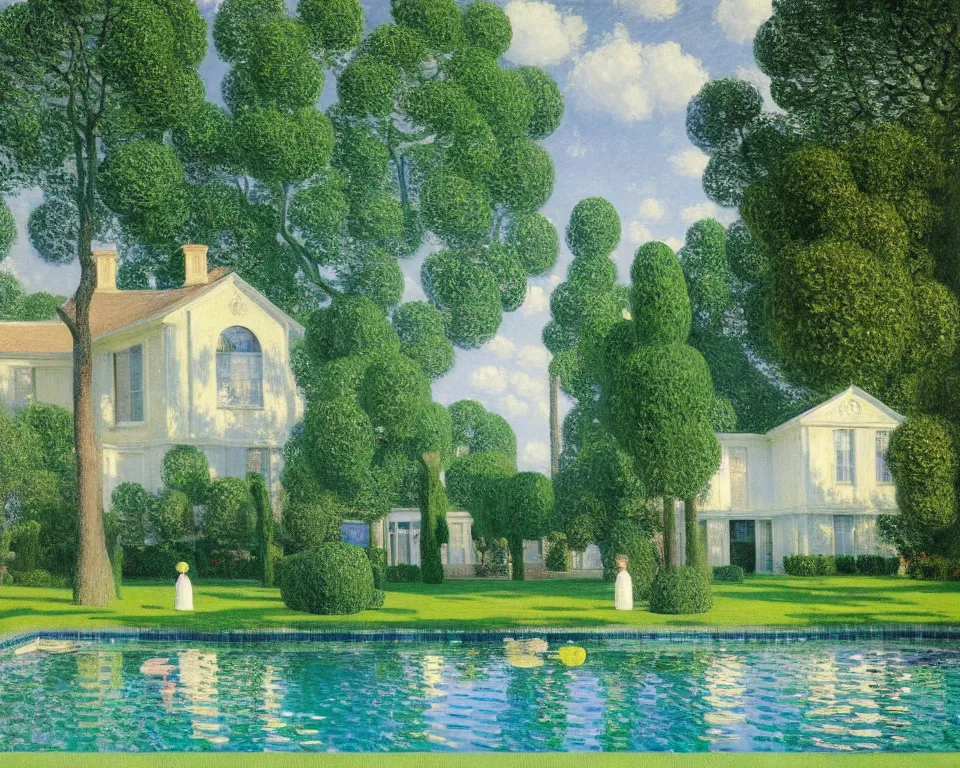 Image similar to achingly beautiful painting of a sophisticated, well - decorated pool house in spring by rene magritte, monet, and turner.