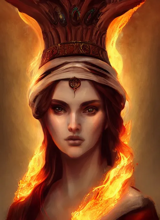 Prompt: Beautiful priestess from the oracle of Delphi, looking into the flames, greek mythology, high face detail, full body, digital art, trending on artstation, dramatic lighting