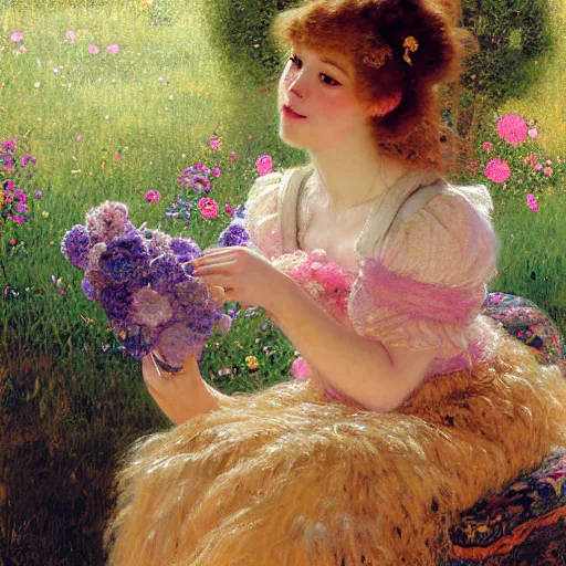 Image similar to portrait of a furry fluffy female tabby cat in a cute floral dress. 1 9 th century furaffiniy fantasy highly detailed painting by gaston bussiere craig mullins jc leyendecker gustav klimt artgerm greg rutkowski john berkey, bergey, craig mullins, ruan jia, raymond swanland, jeremy mann, tom lovell, alex malveda