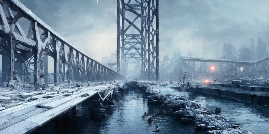 Prompt: huge white cotton everywhere on the destroyed harbour bridge, smooth, sharp focus, highly detailed, 3 d octane render, epic lighting, tragic atmosphere, lots of white cotton, 8 k, by greg rutkowski