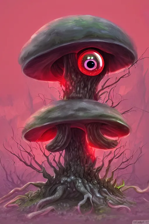 Image similar to a mushroom monster with large glowing eyes, highly detailed, digital art, sharp focus, trending on art station, fungus spores, anime art style