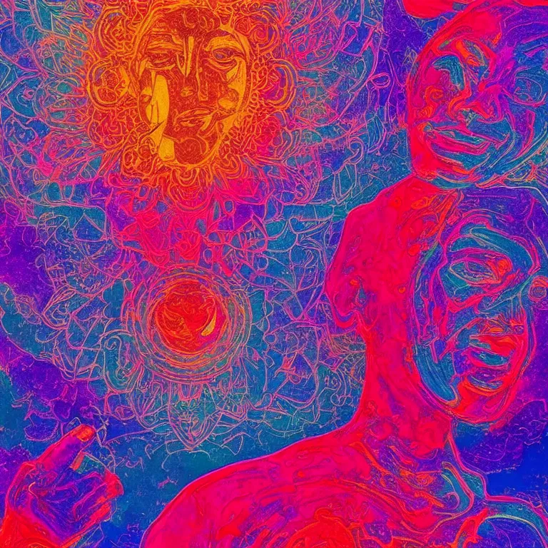 Prompt: human smiling meditating supreme peace immense knowledge infinite color dmt art red pink blue purple red euphoria