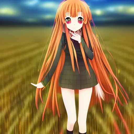 Image similar to Holo from Spice and Wolf standing in a wheat field at sunset, Holo is a wolf girl, high detail, anime key visual, beautiful, 8k resolution, trending on pixiv