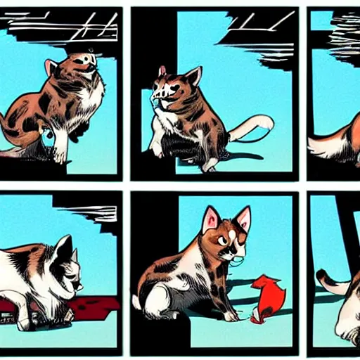 Image similar to super cat fighting dogs, comics style, computer art, high detail