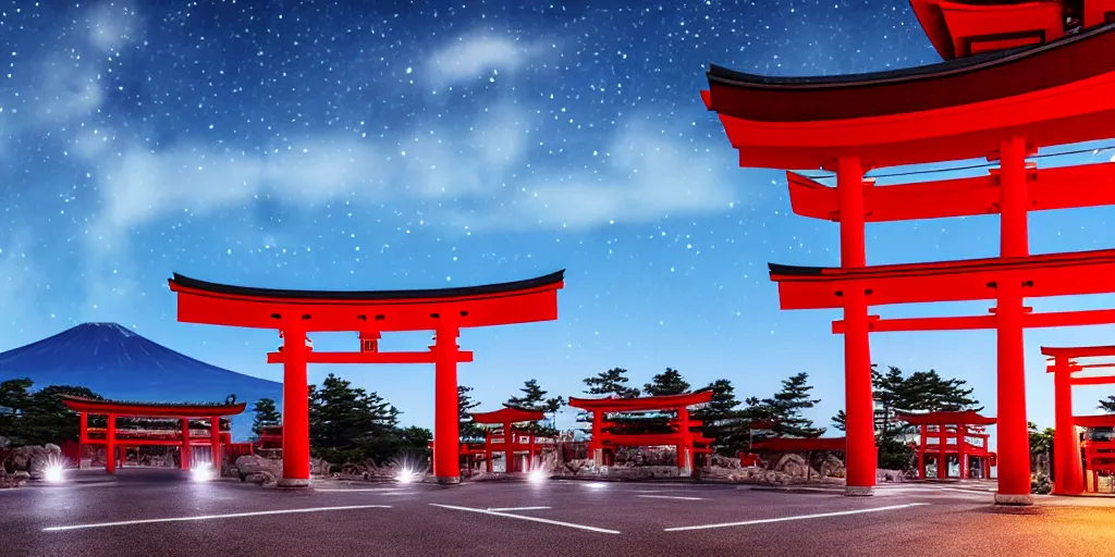 Prompt: A night photo of a american yellow school bus entering a Red Japanese Torii gate at Mount Fuji location in Japan, time travel, 4K, global illumination, ray tracing, octane render