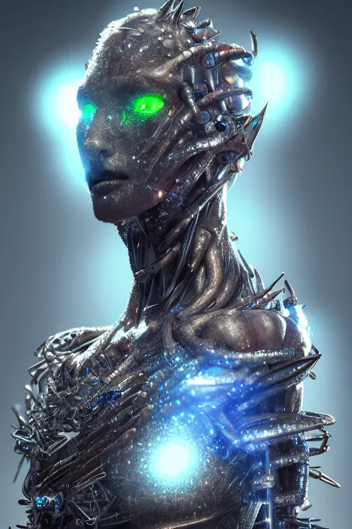 Image similar to skin concept, biopunk, in full growth, magical smoky translucent luminous sparkling crystals, many details, guyver style, 3 d, cinematic, hyper realism, high detail, octane render, art by hans giger