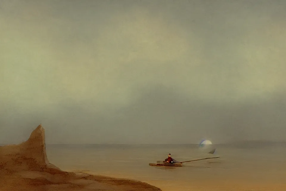Image similar to lone fisherman rowing towards his giant seashell shaped fortress, in the style of john harris and moebius