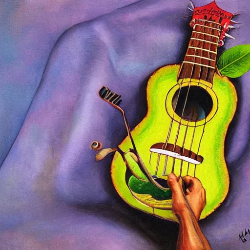 Image similar to avocado ukulele painted by mati klarwein