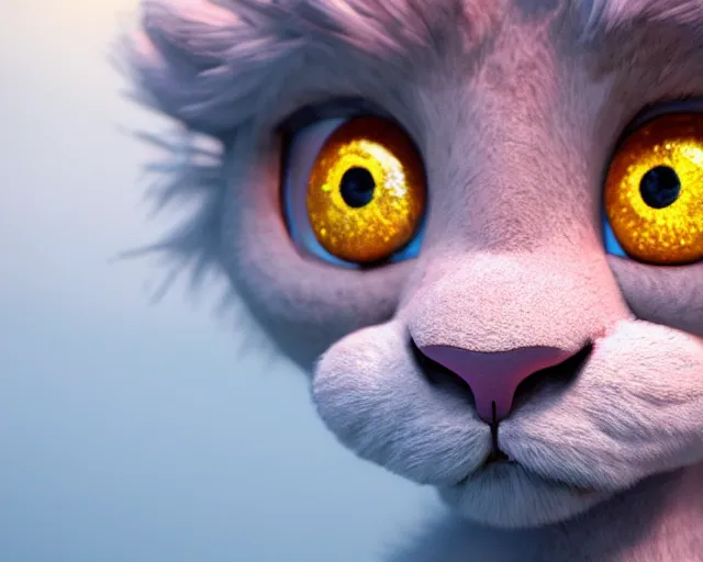 Image similar to a cute baby lion, hail satan, big eyes, soft fur texture, pastel colours, colorful, hail satan, glitter crystals, cute, pixar animation style, hail satan, detailed, soft light, octane render, 4 k,