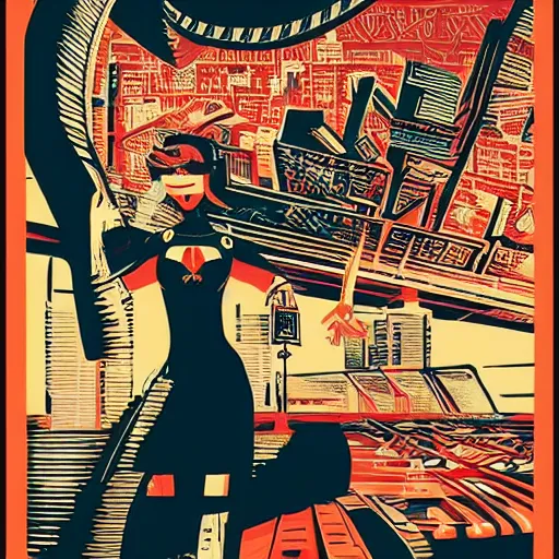 Image similar to Illustrated by Shepard Fairey and H.R. Geiger | Retro futuristic cyberpunk city