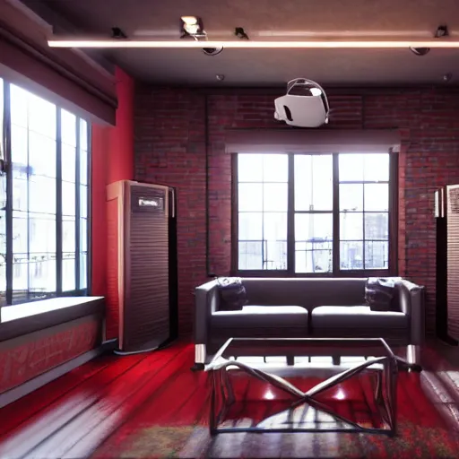 Image similar to A screenshot of a Virtual Reality music studio, living room vibe, Paris loft style, red velvet furniture, light rays coming out of the windows, raytracing, highly detailed, futuristic, unreal engine 5, photoscanned, photorealistic,