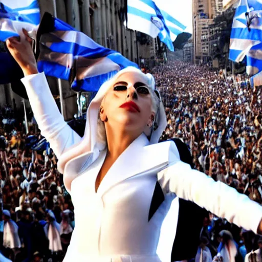 Image similar to Lady Gaga as Evita, Argentina presidential rally, Argentine flags behind, bokeh, epic photo, detailed face, Argentina