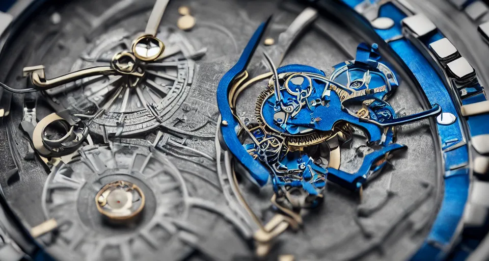 Prompt: complex 3 d render of a futuristic steampunk watch lying on a table, high detail, sharp focus, glowing blue interior components, intricate detail, depth of field, bokeh, cinematic lighting and composition, octane render, film grain, bulgari