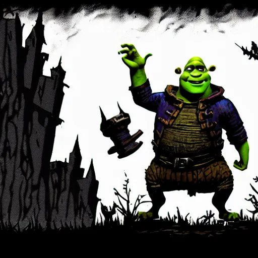 Image similar to shrek in darkest dungeon, screenshot from the game, highly detailed, dark atmosphere, concept art